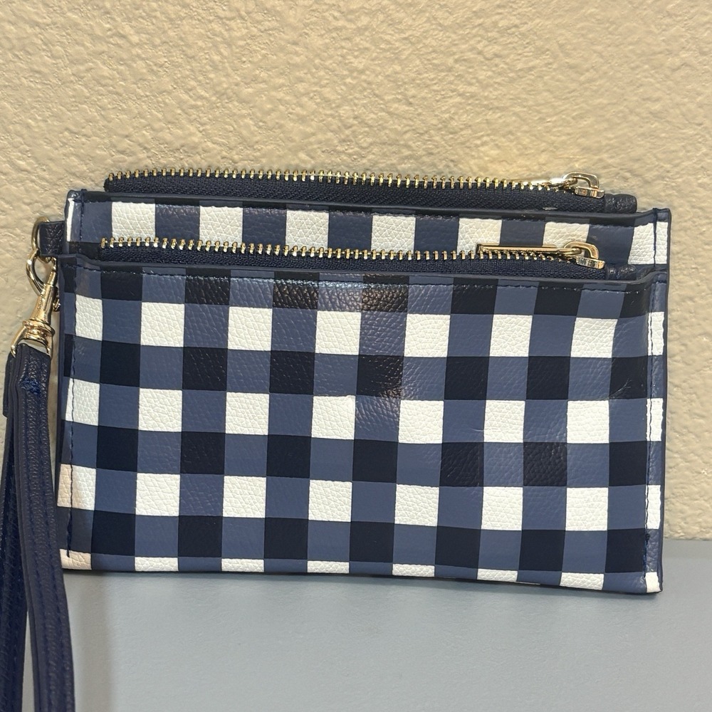 A‎ New Day Checkered, Blue, White, Double Zip, Wristlet, Wallet, Strap, Leather
